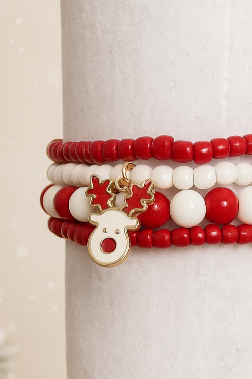 Festive Red & White Bracelet set with Reindeer Charm