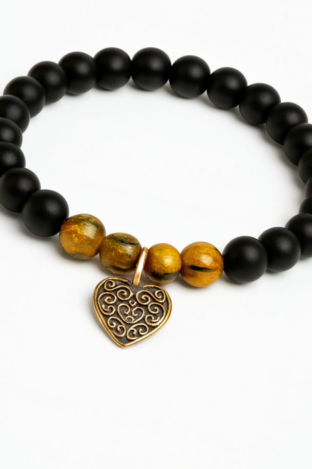Matte Black & Tiger’s Eye Beaded Bracelet with Antique Style Heart Charm