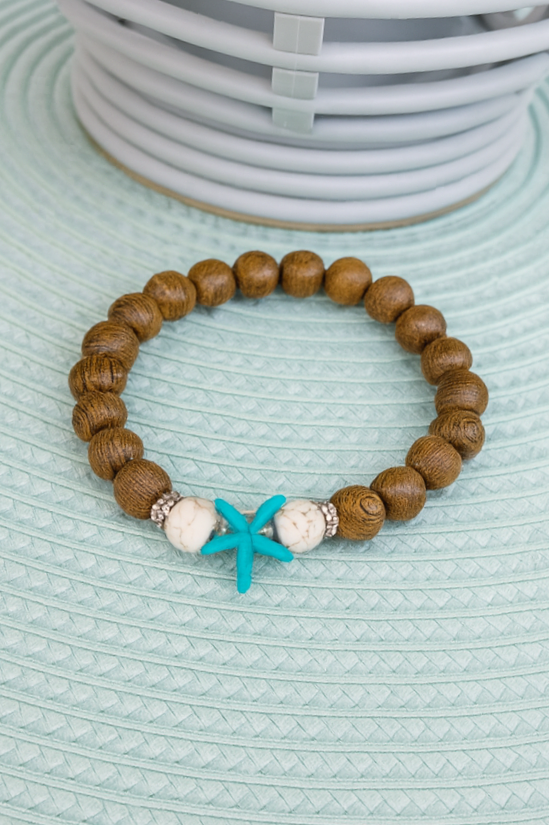 Handmade Wooden Bead Bracelet with Turquoise Starfish