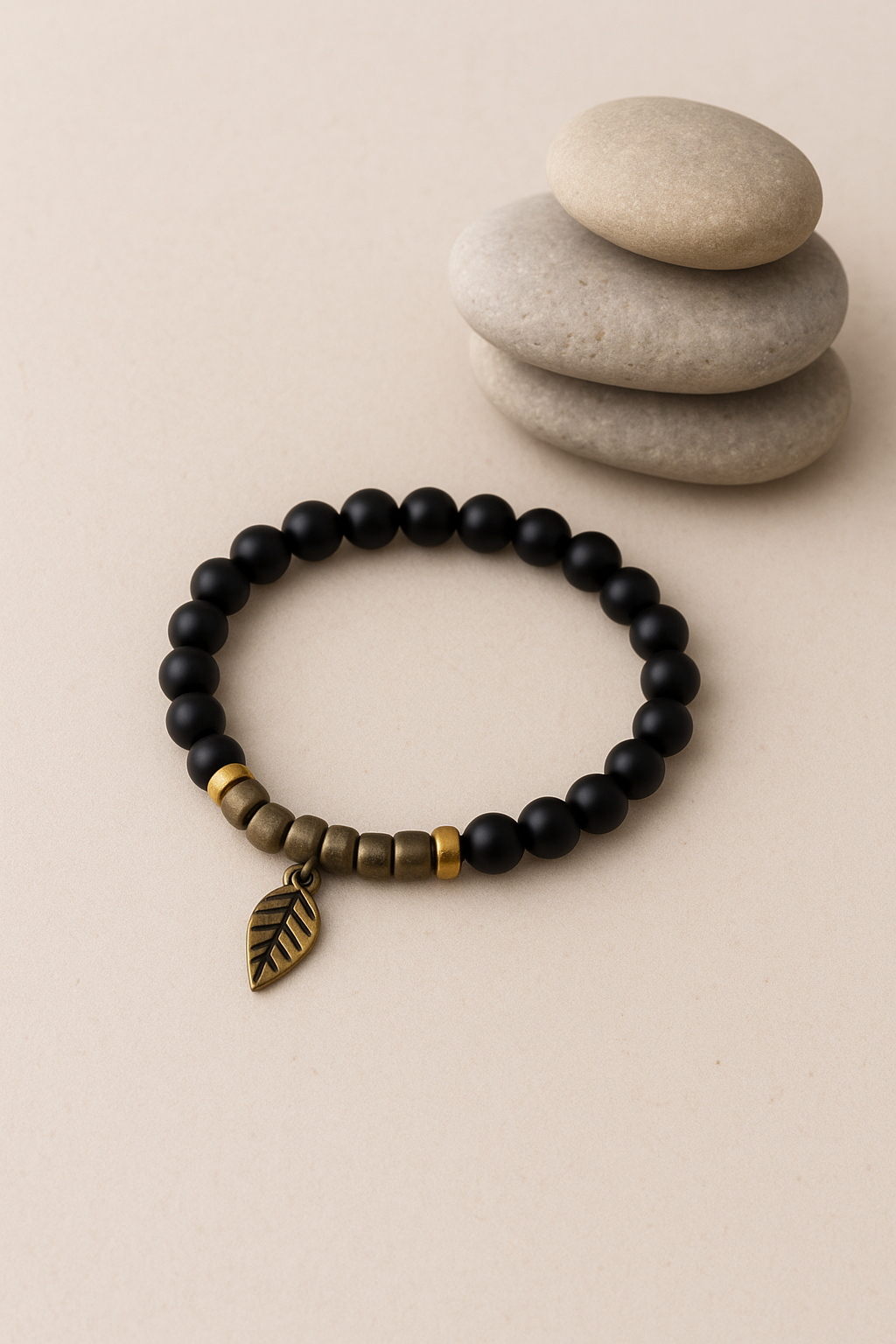 Handmade Black Beaded Bracelet with Antique Style Leaf Charm