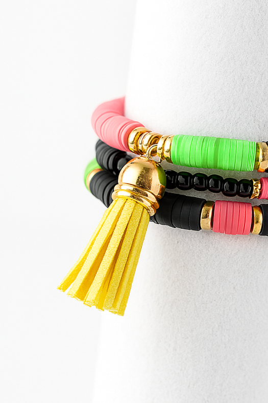 Neon Pop Beaded Bracelet Set with Yellow Tassel