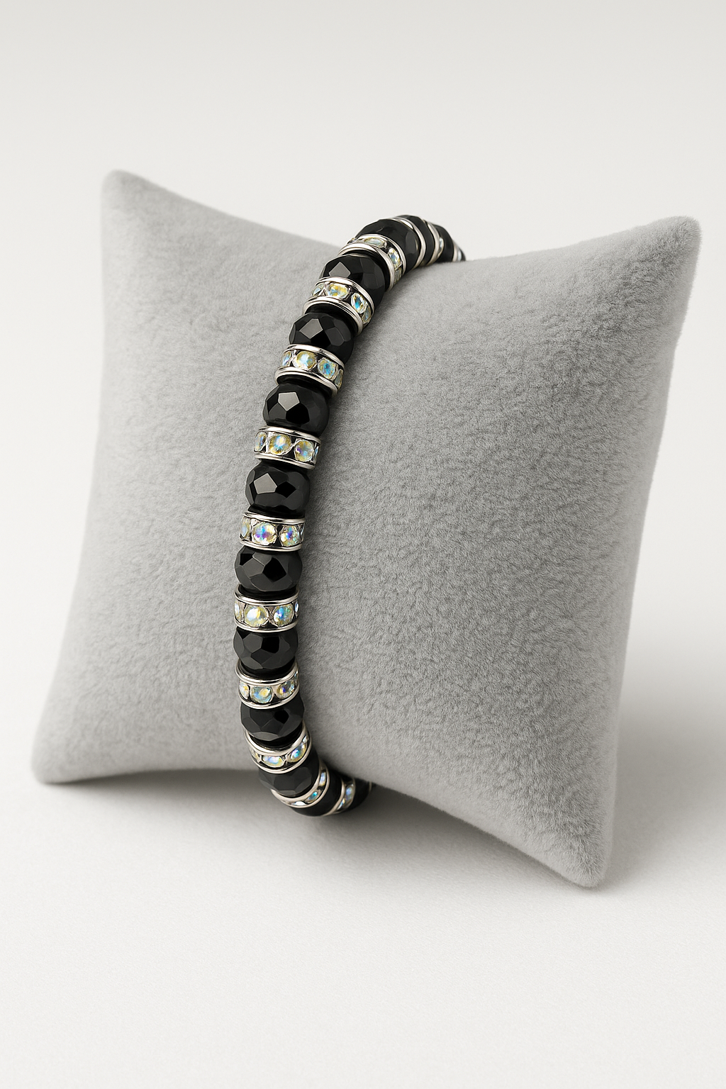 Elegant Black Crystal Bracelet with Iridescent Rhinestone Spacers
