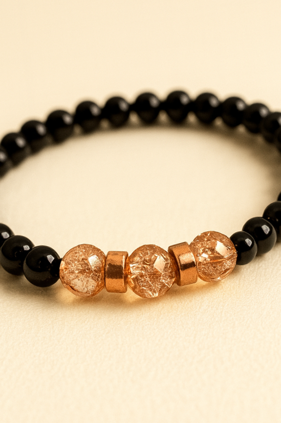 Elegant Black and Rose Gold coloured Crackle Bead Bracelet