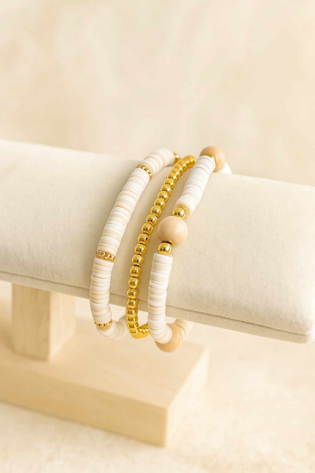 Boho Chic White & Gold Beaded Bracelet Set