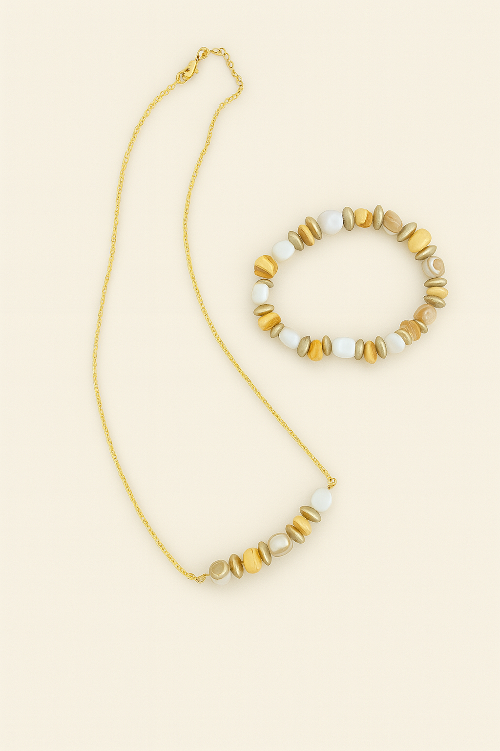 Golden Shell & Pearl Bead Necklace & Bracelet Set