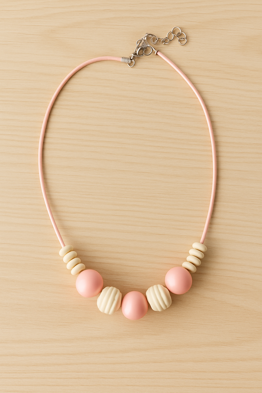 Handmade Wooden & Pink Bead Necklace
