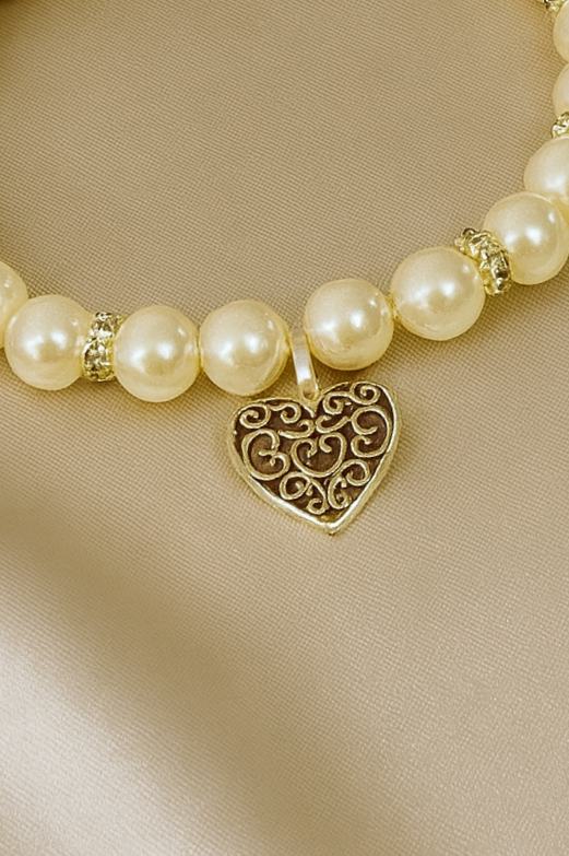 Elegant  Faux Pearl Beaded Bracelet with Silver Filigree Heart Charm