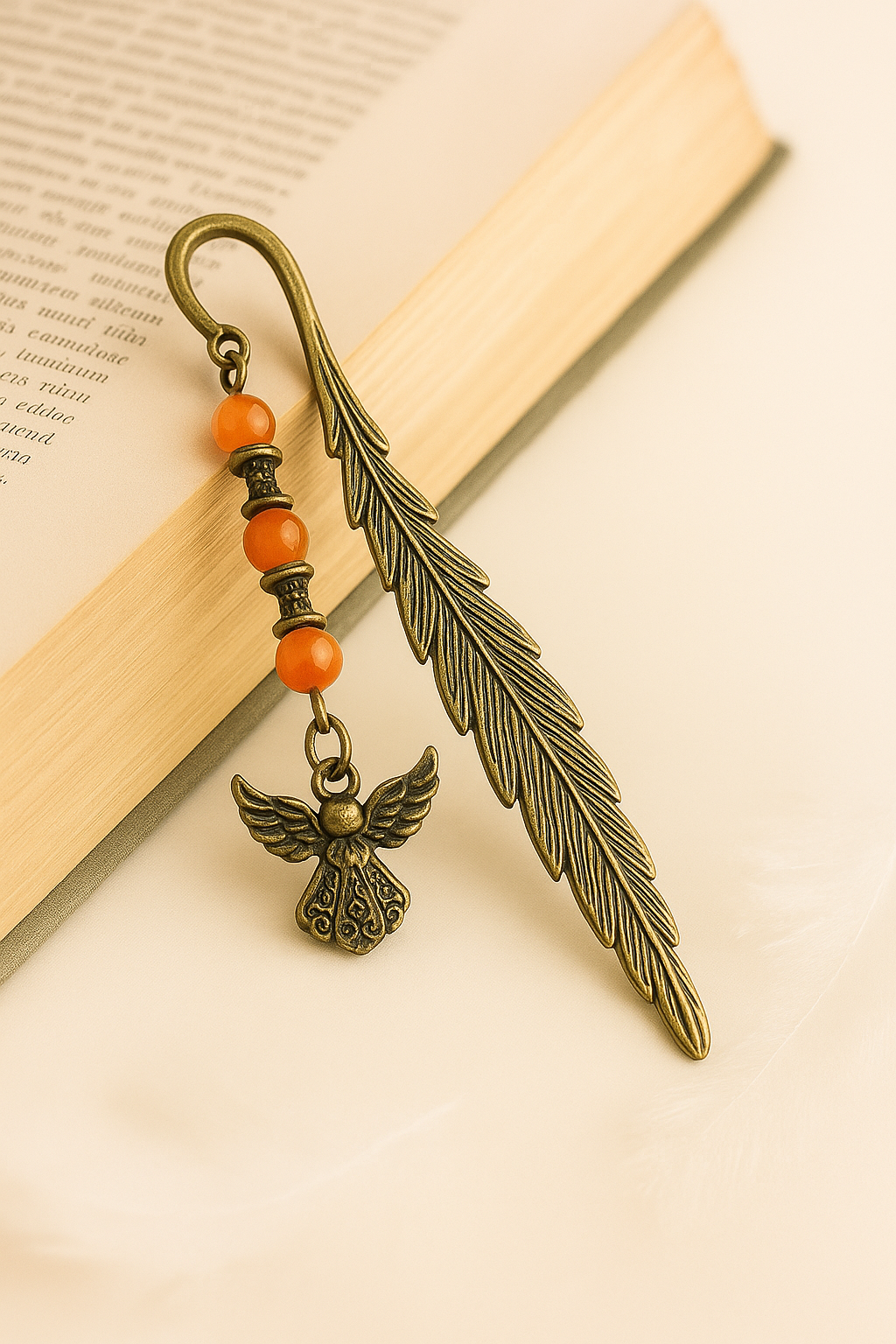 Antique Bronze Feather Bookmark with Angel Charm