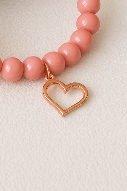 Blush Pink Beaded Bracelet with Rose Gold Heart Charm