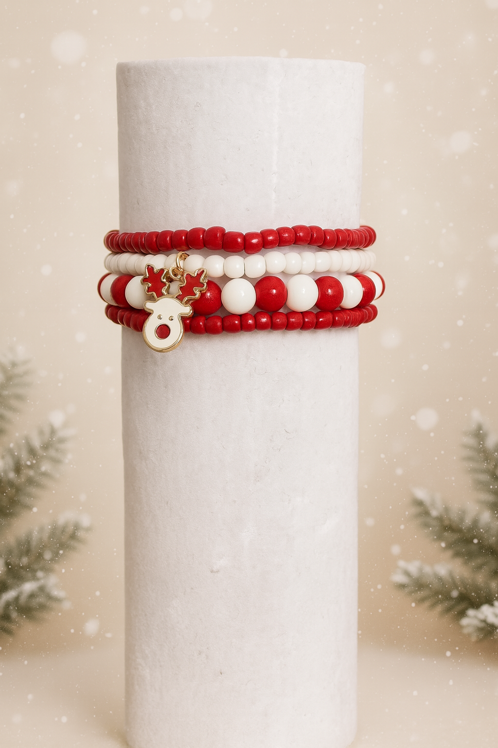 Festive Red & White Bracelet set with Reindeer Charm
