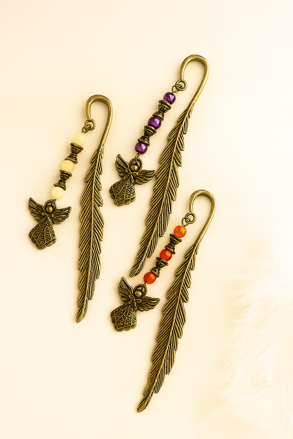 Antique Bronze Feather Bookmark with Angel Charm