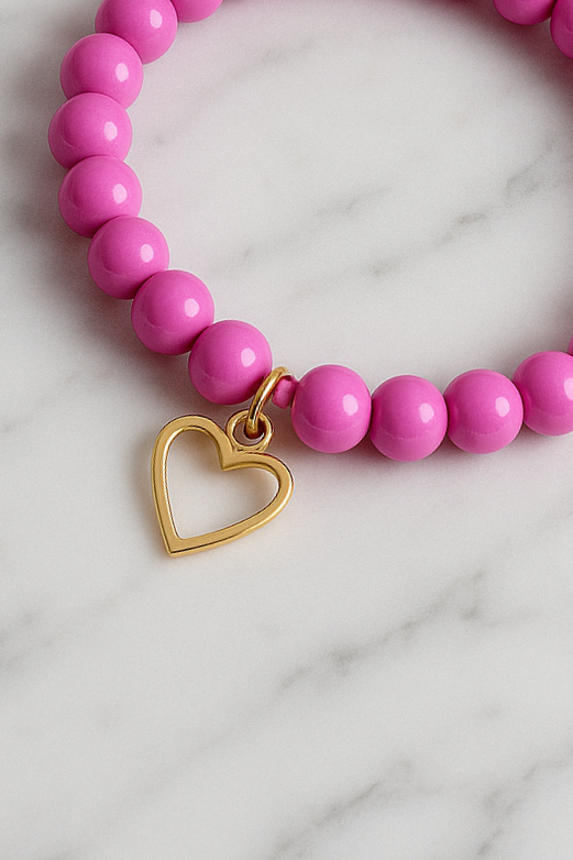 Pink Beaded Bracelet with Gold Heart Charm