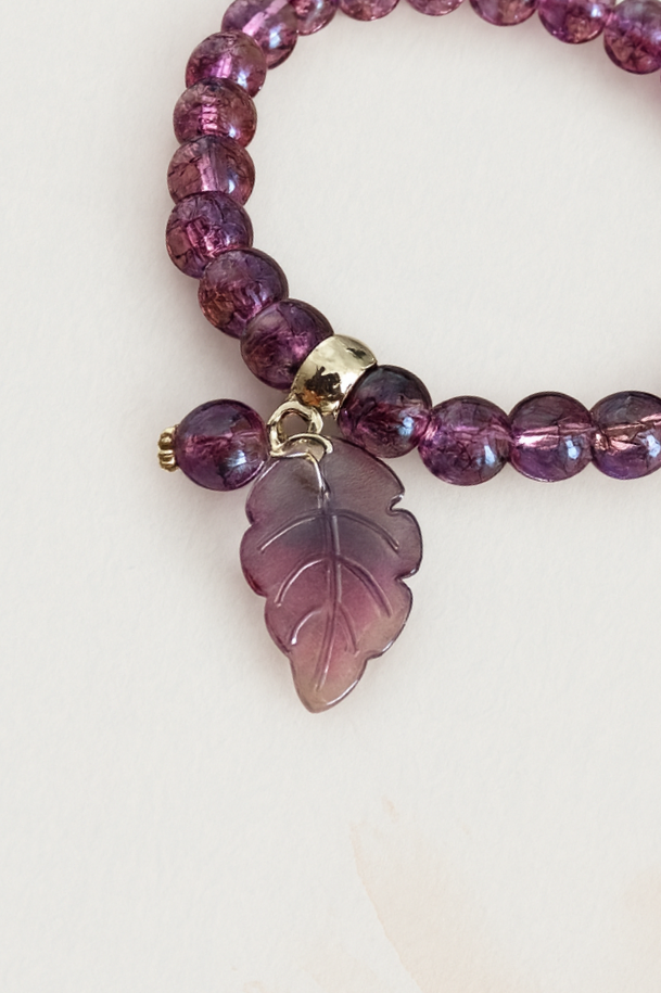 Purple Bead Bracelet with Leaf Pendant