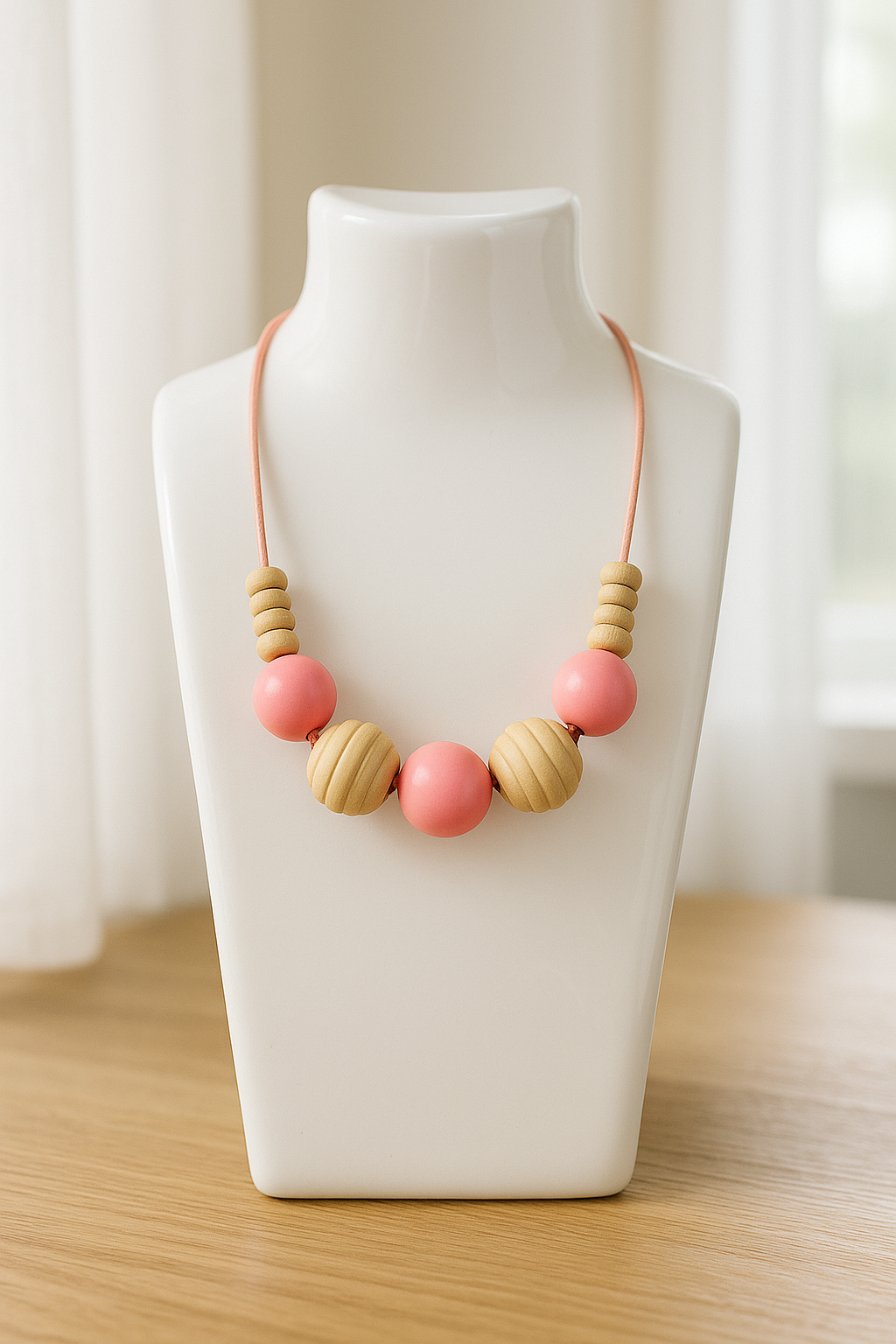 Handmade Wooden & Pink Bead Necklace
