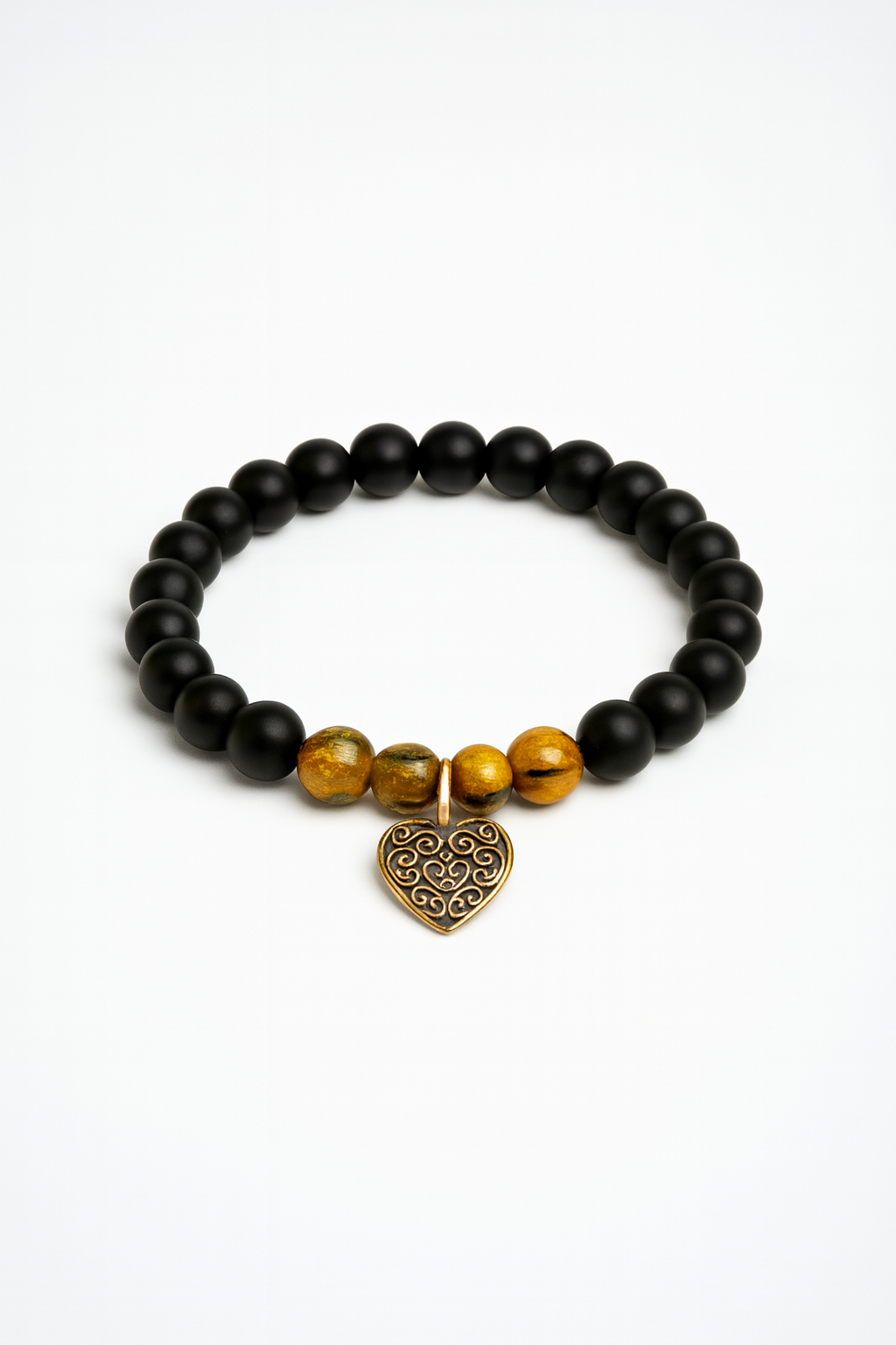 Matte Black & Tiger’s Eye Beaded Bracelet with Antique Style Heart Charm