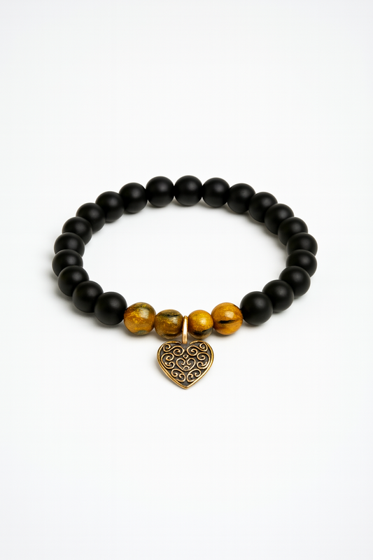 Matte Black & Tiger’s Eye Beaded Bracelet with Antique Style Heart Charm