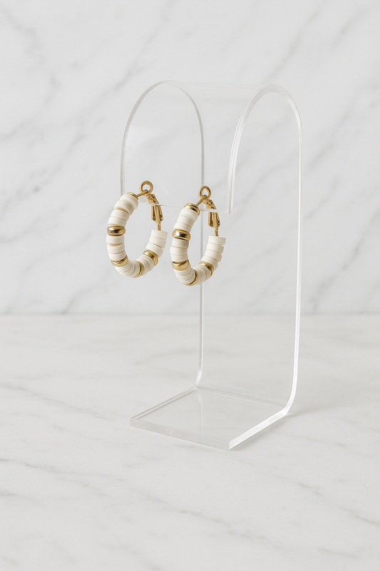 White & Gold-toned Beaded Hoop Earrings