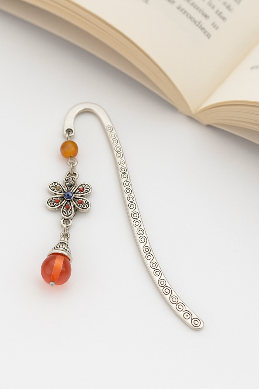 Handcrafted Floral Bookmark with Beaded Charm