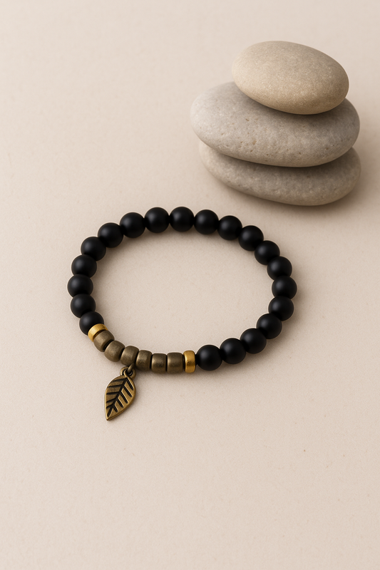 Handmade Black Beaded Bracelet with Antique Style Leaf Charm