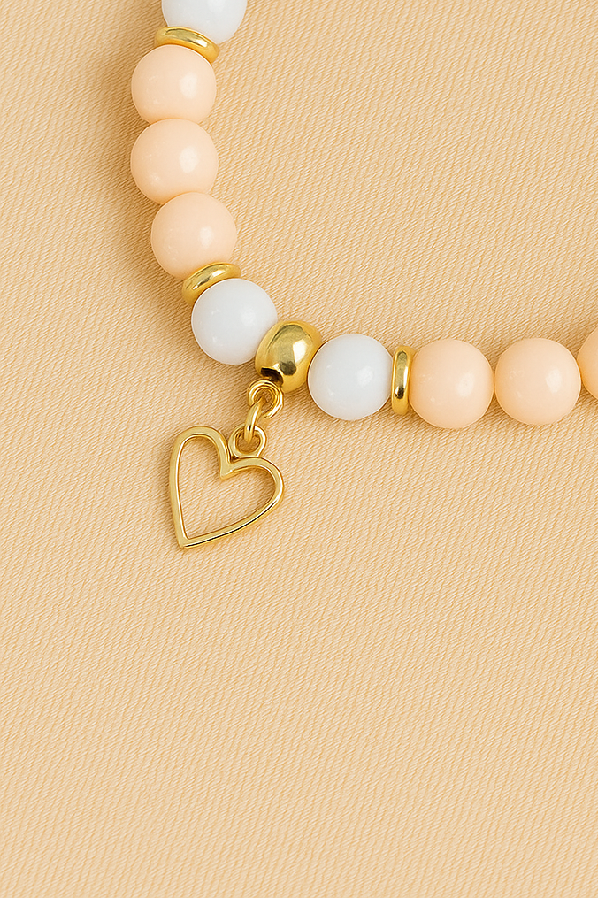 Peach & White Beaded Bracelet with Gold Heart Charm