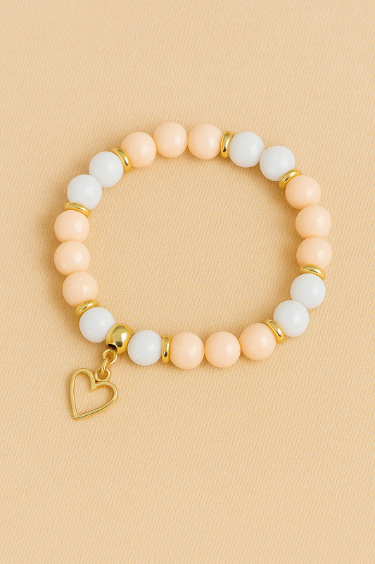 Peach & White Beaded Bracelet with Gold Heart Charm