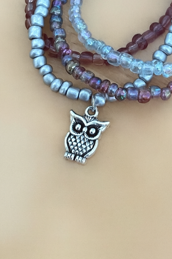 Set of 4 Handmade Beaded Bracelets with Owl Charm