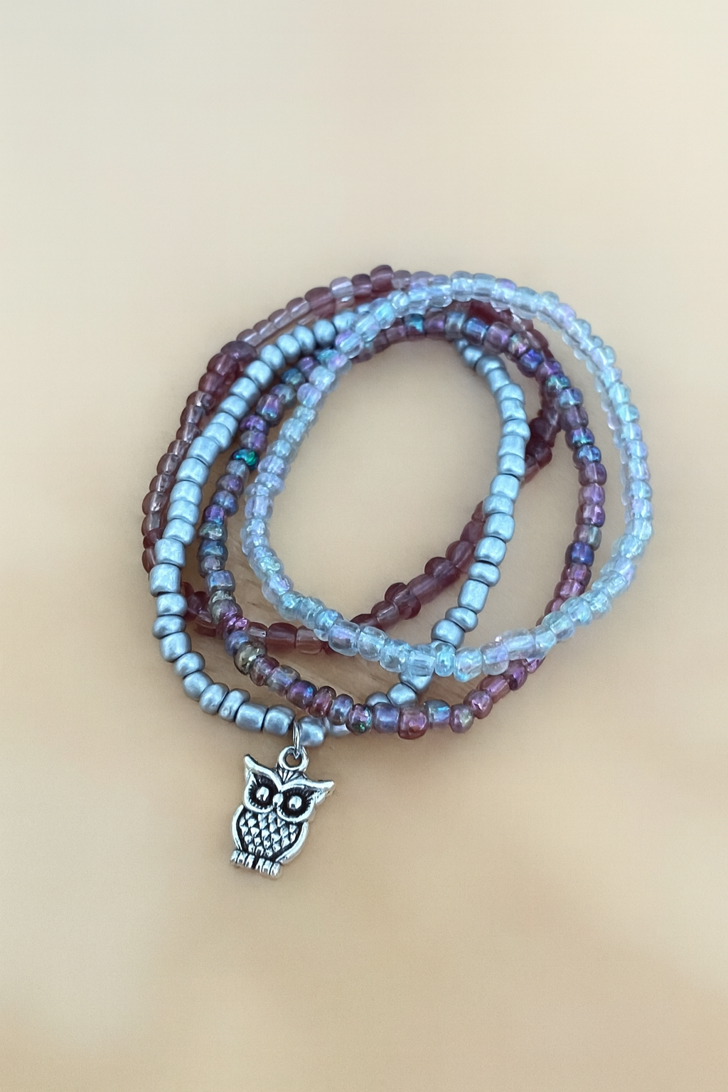 Set of 4 Handmade Beaded Bracelets with Owl Charm