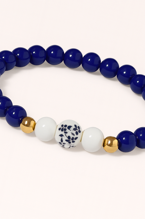 Navy Blue Beaded Stretch Bracelet with Statement Accent Bead