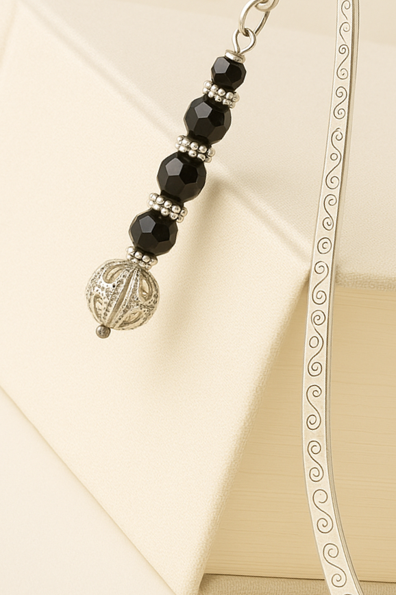 Elegant Metal Bookmark with Black Faceted Beads & Filigree Charm