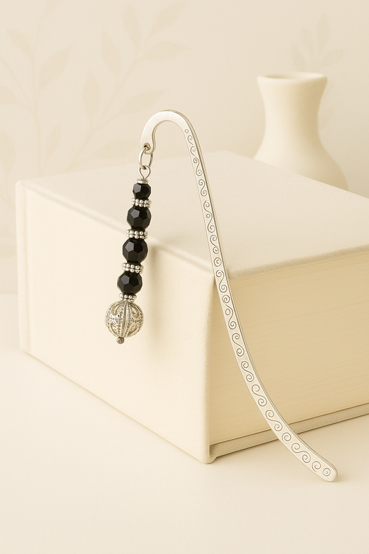 Elegant Metal Bookmark with Black Faceted Beads & Filigree Charm