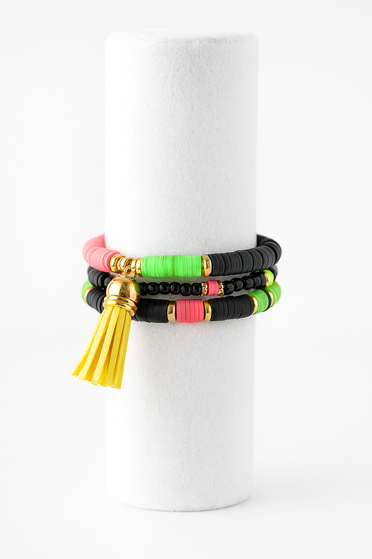 Neon Pop Beaded Bracelet Set with Yellow Tassel