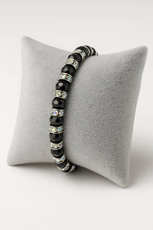Elegant Black Crystal Bracelet with Iridescent Rhinestone Spacers