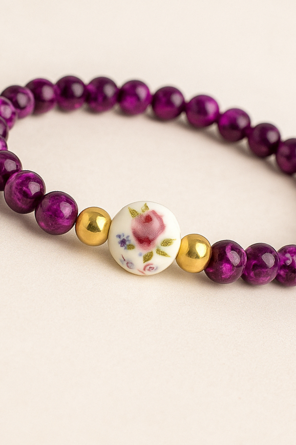 Handmade Purple Beaded Bracelet with Floral Porcelain Center