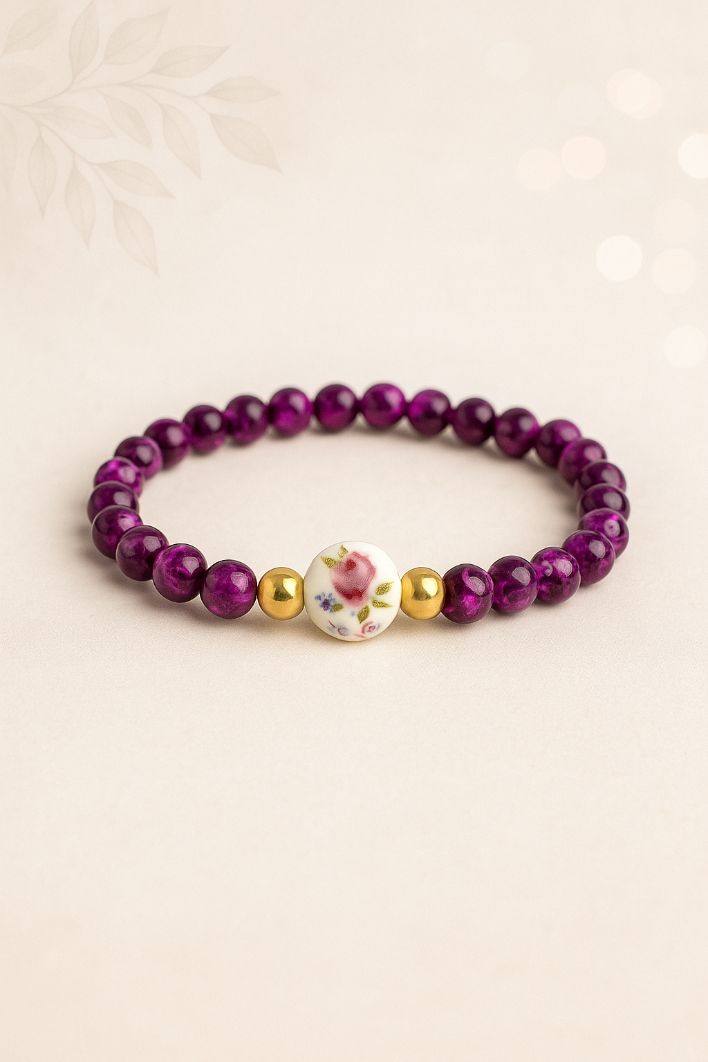 Handmade Purple Beaded Bracelet with Floral Porcelain Center