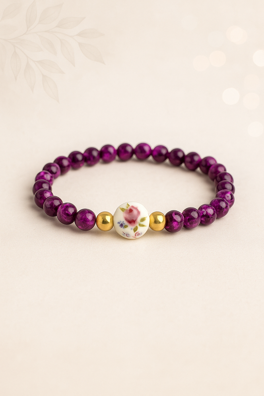 Handmade Purple Beaded Bracelet with Floral Porcelain Center