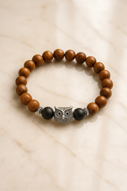 Handcrafted Wooden Bead Bracelet with Owl Charm