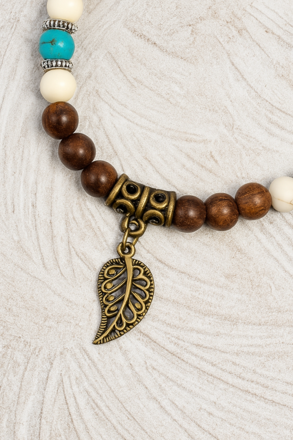 Boho Beaded Bracelet with Leaf Charm