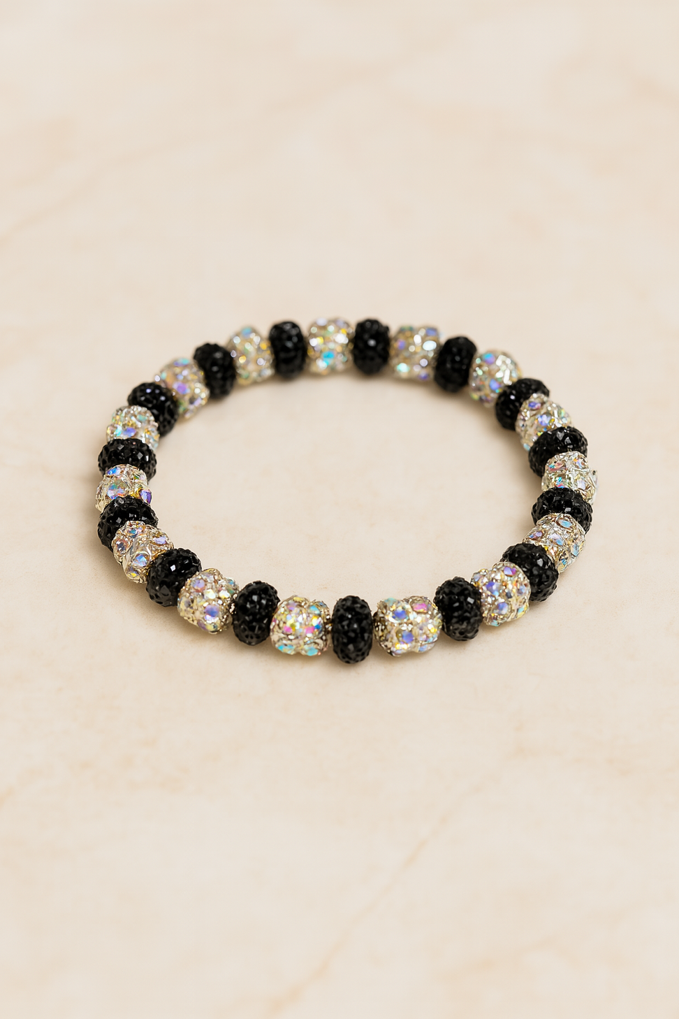 Black & Crystal Beaded Stretch Bracelet