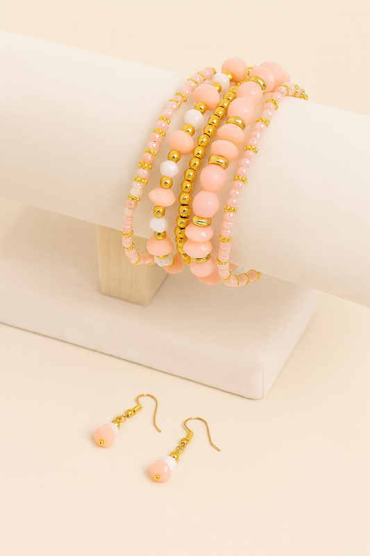 Peach & Gold Toned Beaded Bracelet and Earring Set