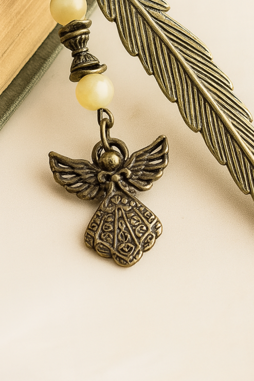 Antique Bronze Feather Bookmark with Angel Charm