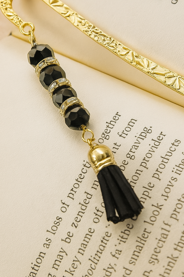 Elegant Golden Bookmark with Black Beaded Tassel