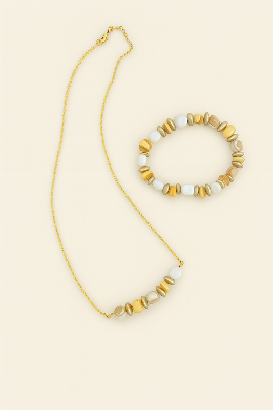 Golden Shell & Pearl Bead Necklace & Bracelet Set