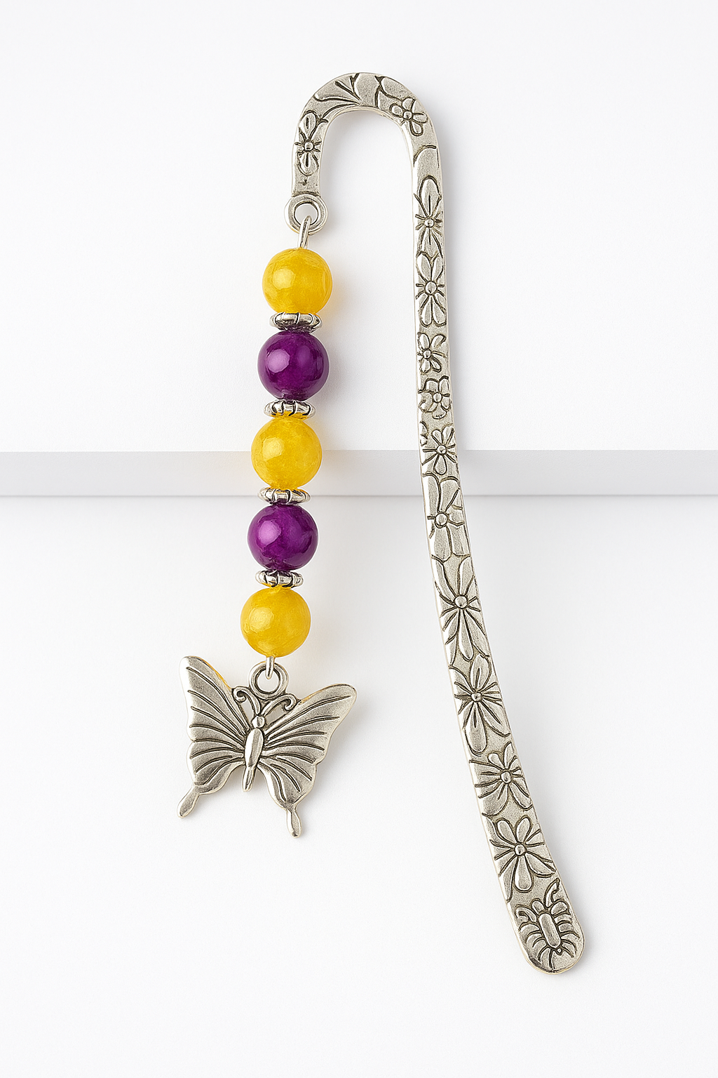 Metal Bookmark with Purple & Yellow Beads and Butterfly Charm