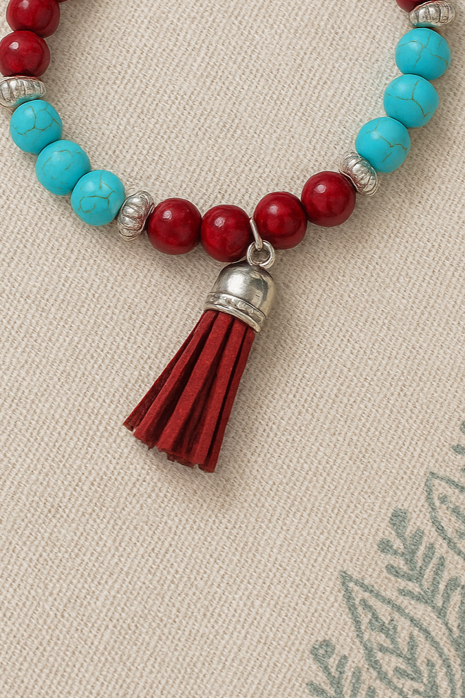 Boho Red & Turquoise Beaded Bracelet with Tassel Charm