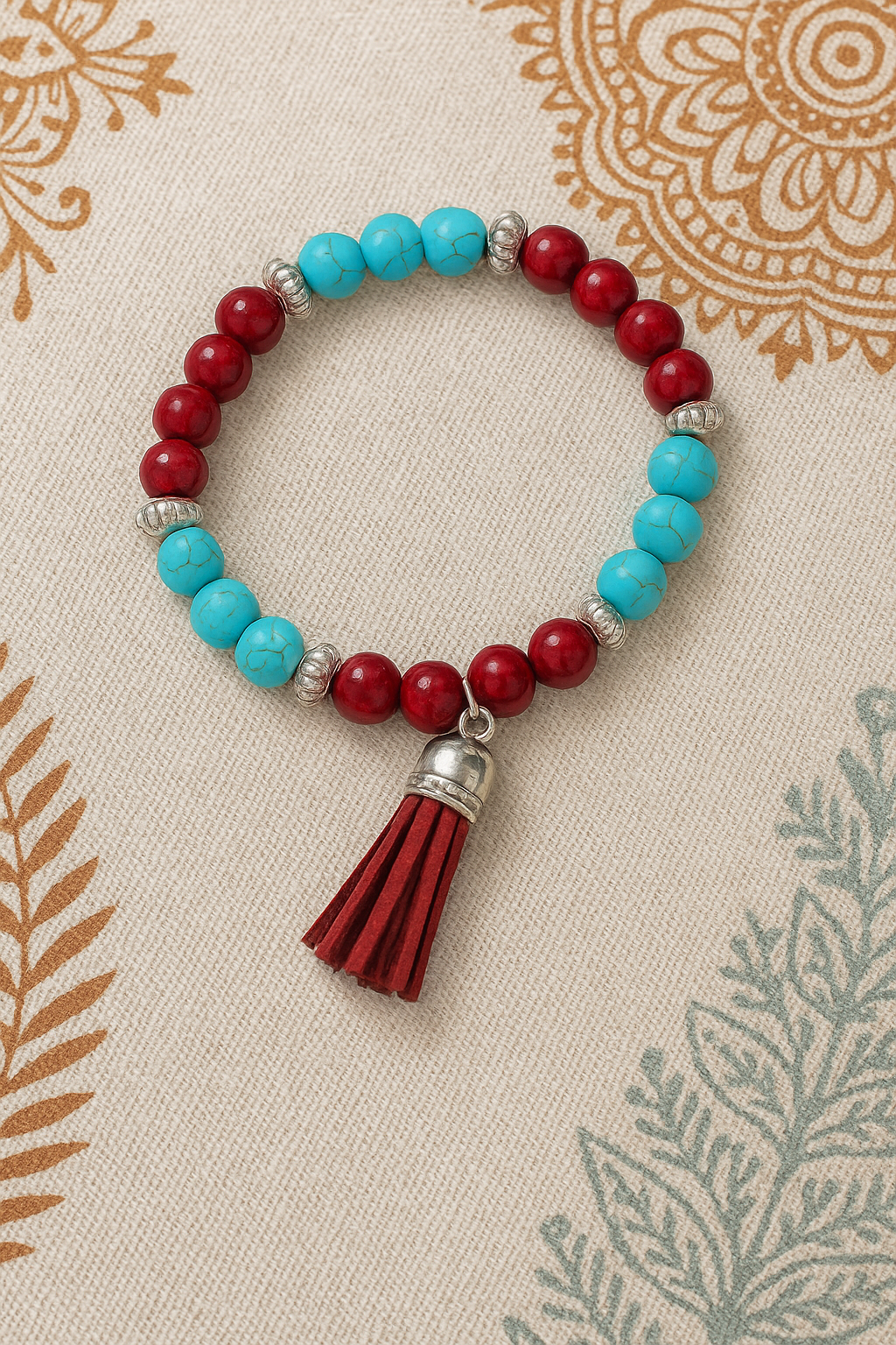 Boho Red & Turquoise Beaded Bracelet with Tassel Charm