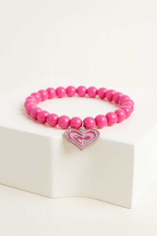 Pink Beaded Heart Charm Bracelet