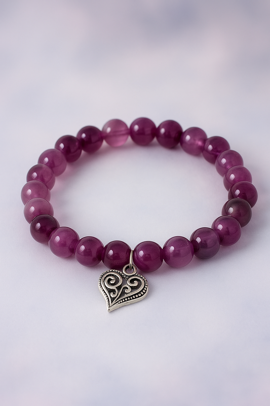 Purple Beaded Bracelet with Heart Charm