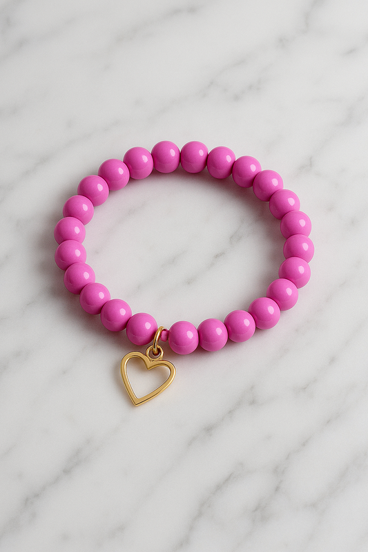 Pink Beaded Bracelet with Gold Heart Charm