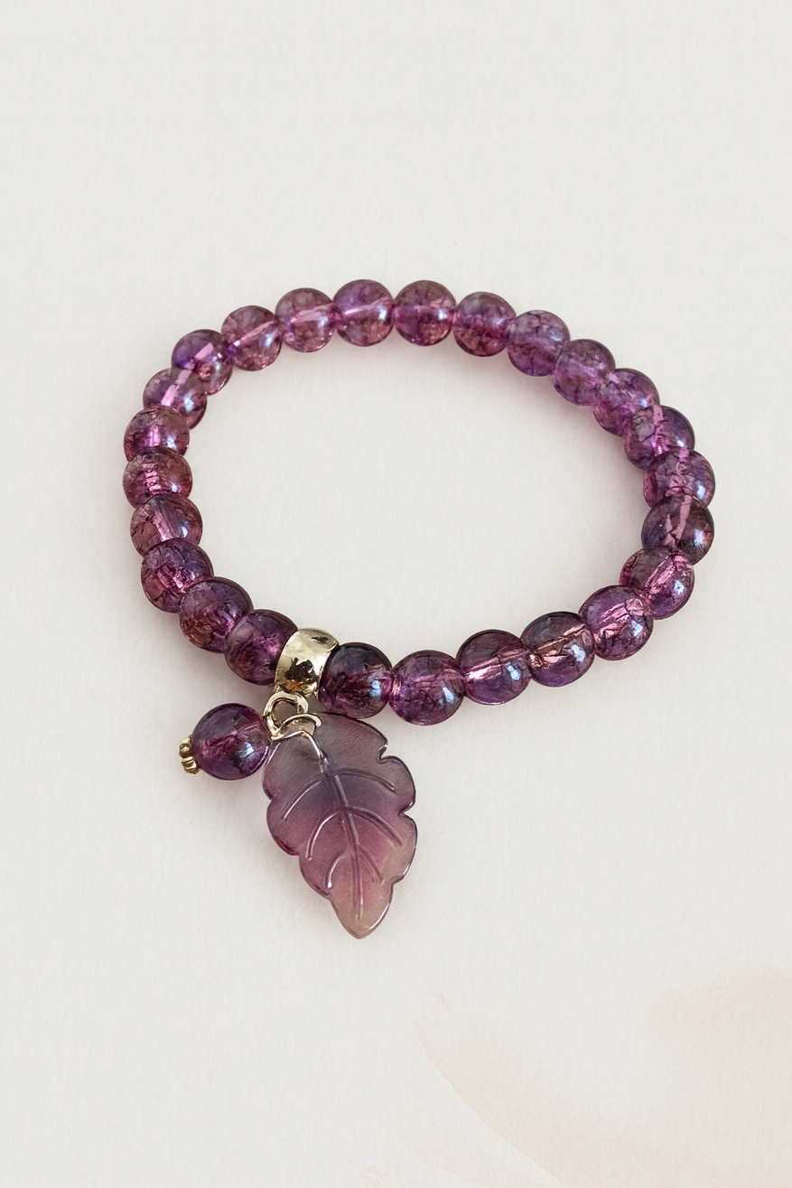 Purple Bead Bracelet with Leaf Pendant