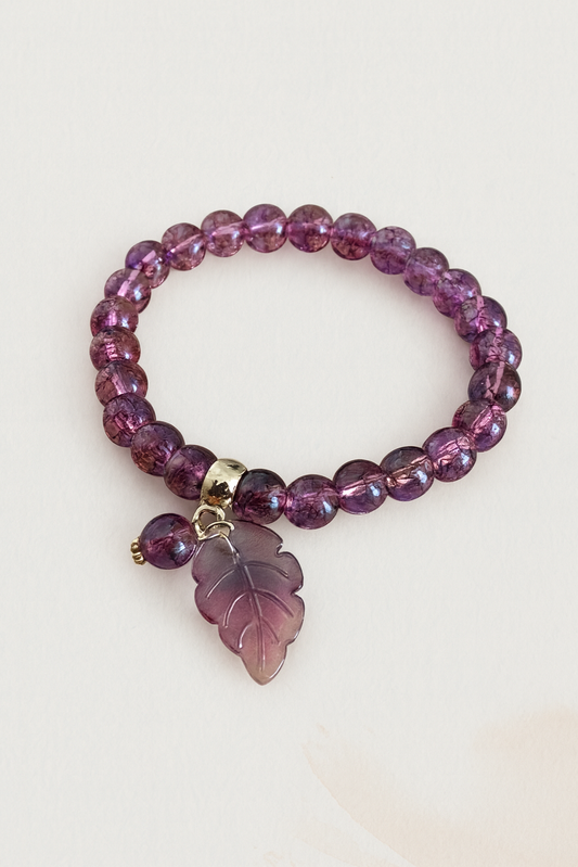 Purple Bead Bracelet with Leaf Pendant